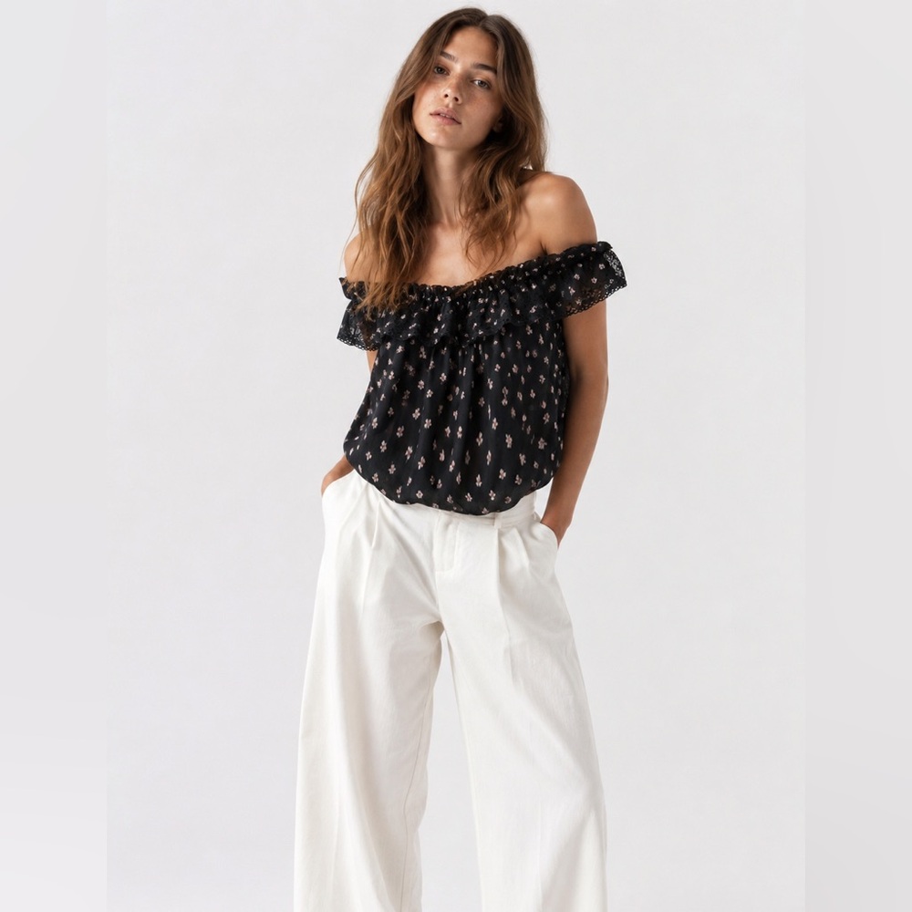 Ulla Johnson Black Off-Shoulder Floral Blouse Lace Cotton